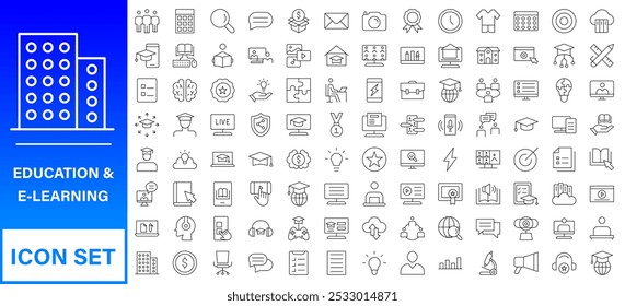 Conjunto de iconos editables de línea de Educación. Ilustración vectorial en estilo de línea delgada moderna de los iconos de la escuela: asignaturas escolares, suministros, ciencia y aprendizaje en línea. Aislado en blanco