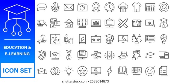 Conjunto de iconos editables de línea de Educación. Ilustración vectorial en estilo de línea delgada moderna de los iconos de la escuela: asignaturas escolares, suministros, ciencia y aprendizaje en línea. Aislado en blanco