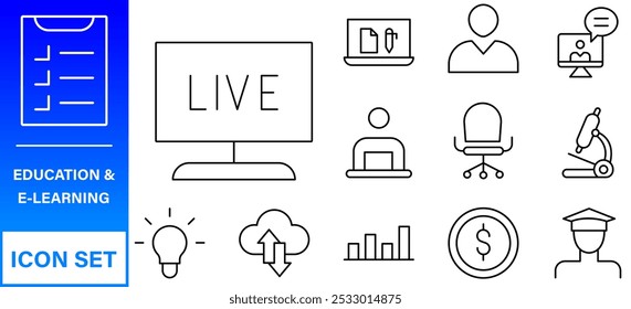 Conjunto de iconos editables de línea de Educación. Ilustración vectorial en estilo de línea delgada moderna de los iconos de la escuela: asignaturas escolares, suministros, ciencia y aprendizaje en línea. Aislado en blanco