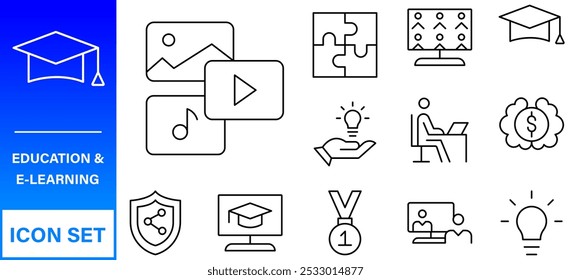 Conjunto de iconos editables de línea de Educación. Ilustración vectorial en estilo de línea delgada moderna de los iconos de la escuela: asignaturas escolares, suministros, ciencia y aprendizaje en línea. Aislado en blanco