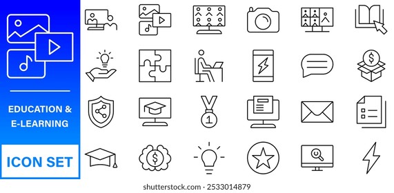 Conjunto de iconos editables de línea de Educación. Ilustración vectorial en estilo de línea delgada moderna de los iconos de la escuela: asignaturas escolares, suministros, ciencia y aprendizaje en línea. Aislado en blanco