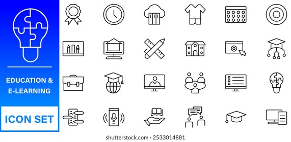 Conjunto de iconos editables de línea de Educación. Ilustración vectorial en estilo de línea delgada moderna de los iconos de la escuela: asignaturas escolares, suministros, ciencia y aprendizaje en línea. Aislado en blanco