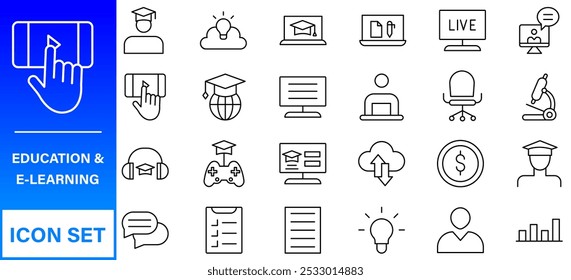 Conjunto de iconos editables de línea de Educación. Ilustración vectorial en estilo de línea delgada moderna de los iconos de la escuela: asignaturas escolares, suministros, ciencia y aprendizaje en línea. Aislado en blanco