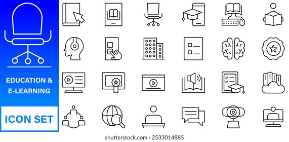 Conjunto de iconos editables de línea de Educación. Ilustración vectorial en estilo de línea delgada moderna de los iconos de la escuela: asignaturas escolares, suministros, ciencia y aprendizaje en línea. Aislado en blanco