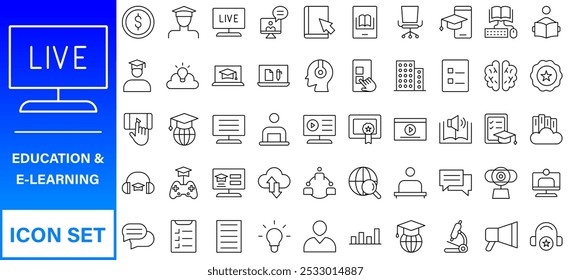 Conjunto de iconos editables de línea de Educación. Ilustración vectorial en estilo de línea delgada moderna de los iconos de la escuela: asignaturas escolares, suministros, ciencia y aprendizaje en línea. Aislado en blanco