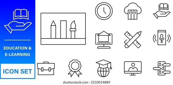 Conjunto de iconos editables de línea de Educación. Ilustración vectorial en estilo de línea delgada moderna de los iconos de la escuela: asignaturas escolares, suministros, ciencia y aprendizaje en línea. Aislado en blanco