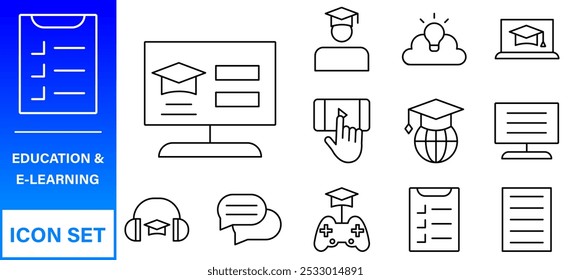 Conjunto de ícones editáveis da linha de formação educacional. Ilustração vetorial no estilo moderno de linha fina de ícones escolares: disciplinas escolares, suprimentos, ciência e aprendizagem on-line. Isolado no branco