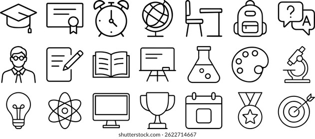 Conjunto de ícones editáveis da linha de educação - Ilustração de vetor no estilo de linha fina moderna com troféus, medalhas, alvos e calendários para temas de sucesso educacional
