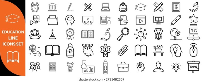 Conjunto de iconos editables de la línea de Educación. Ilustración vectorial en estilo de línea delgada moderna de los iconos de la escuela: materias escolares, suministros, ciencia y aprendizaje en línea. Aislado en blanco. Conjunto de iconos de línea de Educación.