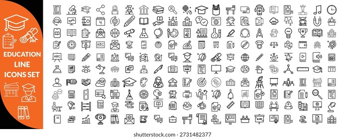 Editierbare Symbole für die Bildungszeile. Vektorgrafik im modernen Dünnlinien-Stil von Schulsymbolen: Schulfächer, Hilfsmittel, Wissenschaft und Online-Lernen. Einzeln auf weiß. Symbole für Bildungszeilen festgelegt.