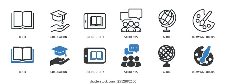 Education line and glyph solid icons collection. Minimal icon and symbol series vector illustration