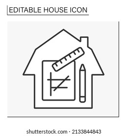  Education line icon. Architecture. Painting with paper, ruler and pencil. House concept. Isolated vector illustration. Editable stroke