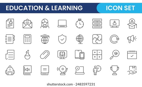 Education line icon collection. Contains knowledge, college, task list, design, training, idea, teacher, file, graduation hat, institute, ruler, and telescope. Education set of web icons in style.