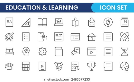 Education line icon collection. Contains knowledge, college, task list, design, training, idea, teacher, file, graduation hat, institute, ruler, and telescope. Education set of web icons in style.