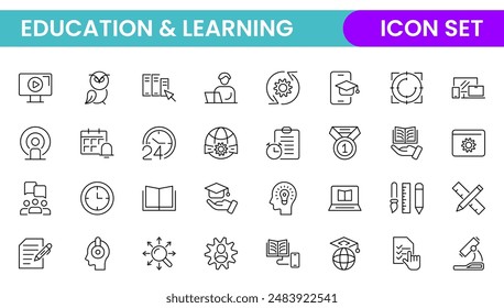 Education line icon collection. Contains knowledge, college, task list, design, training, idea, teacher, file, graduation hat, institute, ruler, and telescope. Education set of web icons in style.