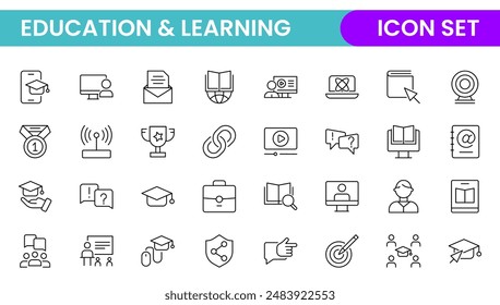 Education line icon collection. Contains knowledge, college, task list, design, training, idea, teacher, file, graduation hat, institute, ruler, and telescope. Education set of web icons in style.