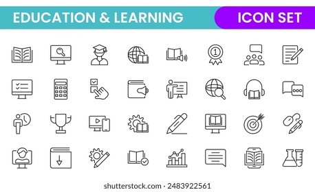 Education line icon collection. Contains knowledge, college, task list, design, training, idea, teacher, file, graduation hat, institute, ruler, and telescope. Education set of web icons in style.