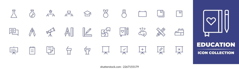 Education line icon collection. Editable stroke. Vector illustration. Containing flask, game structure, graduation cap, medal, white board, notebooks, notebook, consultation, precision, telescope.