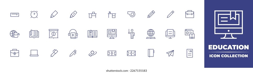 Education line icon collection. Editable stroke. Vector illustration. Containing pencil case, alarm, highlighter, desk, whistle, pencil, briefcase, global learning, book, brain, audio book.