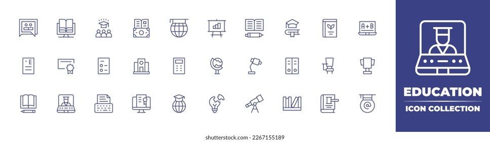 Education line icon collection. Editable stroke. Vector illustration. Containing google for education, education, data analytics, ecology, exam result, certificate, test, school, calculator, globe.