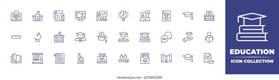 Education line icon collection. Editable stroke. Vector illustration. Containing knowledge, college, task list, design, training, idea, teacher, file, graduation hat, institute, ruler, telescope.