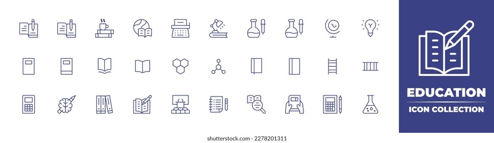 Education line icon collection. Editable stroke. Vector illustration. Containing literature, books, world, typewriter, desk lamp, laboratory, earth globe, idea, book, book open, cell, diary book, dna.