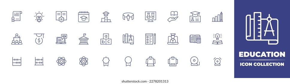 Education line icon collection. Editable stroke. Vector illustration. Containing certificate, light bulb, manual, semester, stage, virtual reality, test tube, education, visa, bar chart, conference.