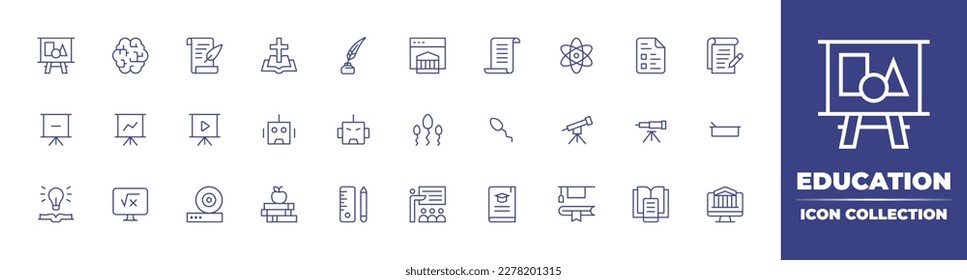 Education line icon collection. Editable stroke. Vector illustration. Containing geometric shapes, brain, poetry, bible, quill, university, rules, atoms, test, conspectus, presentation minus.