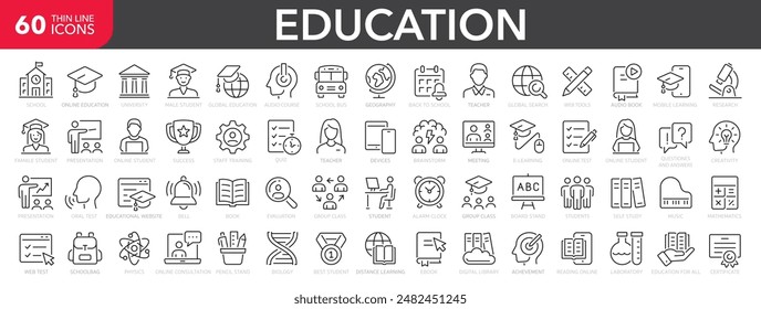 Education line icon collection. Editable stroke. Vector illustration. Containing knowledge, college, task list, design, training, idea, teacher, file, graduation hat, institute, ruler, telescope.