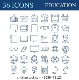 Education line icon collection. Editable stroke. Vector illustration. Containing knowledge, college, task list, design, training, idea, teacher, file, graduation hat, institute, ruler. 