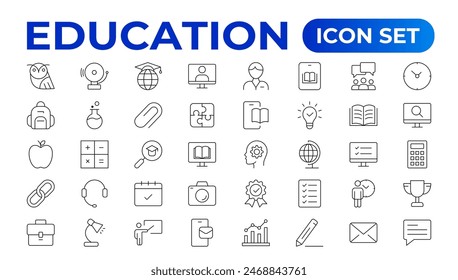 Kollektion des Bildung-Liniensymbols. Eine Reihe von Vektorgrafik-Linien-Icons der Bildung für moderne Konzepte, Web und App. Set von flachen Zeichen und Symbole für Web und App. 