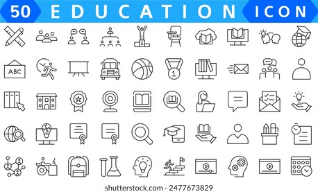 colección de iconos de línea de Educación. Conjunto de iconos de línea de Vector de la educación para los conceptos modernos, Web y App. Conjunto de signos y símbolos planos para Web y App