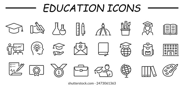 Kollektion des Bildung-Liniensymbols. Vektorillustration. Enthält Wissen, Hochschule, Aufgabenliste, Design, Ausbildung, Idee, Lehrer, Akte, Abschlussmütze, Institut, Lineal, Teleskop.