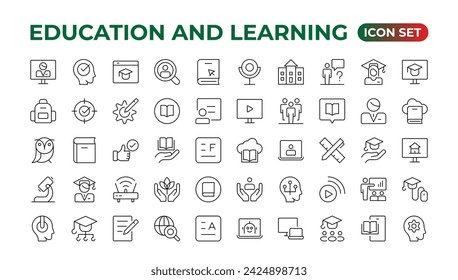 Education line icon collection.Contains knowledge, college, task list, design, training, idea, teacher, file, graduation hat, institute, ruler, and telescope.
Education set of web icons in style. 