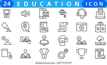 Education line icon collection..Contains knowledge, college, task list, design, training, idea, .teacher, file, graduation hat, institute, ruler, and telescope..Education set of web icons in style