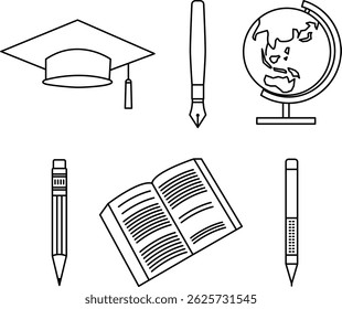 education line icon, globe, toga, pen, pencil, and book