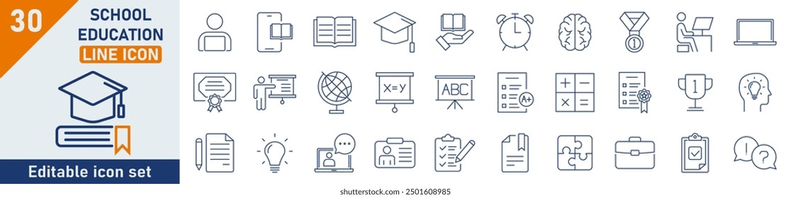 Education line icon set. Set of 30 outline icons related to school subjects, supplies, and online learning. School education outline icons collection. Editable stroke. Vector illustration.