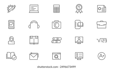 Education line icon set. Additional education, tutorship, school, subjects, supplies, online learning, online lecture, video call, developments, innovations Outline icon collection. UI thin icon pack.