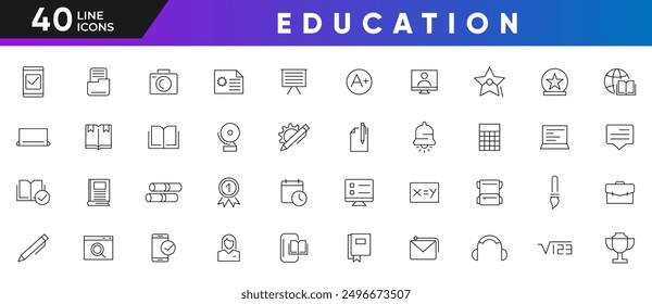 Education line icon set. Additional education, tutorship, school, subjects, supplies, online learning, online lecture, video call, developments, innovations Outline icon collection. UI thin icon pack.