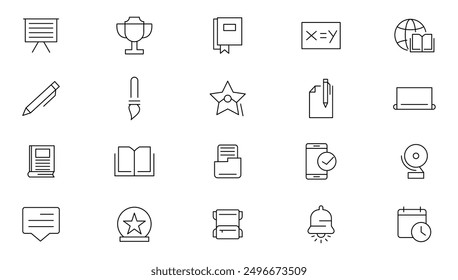 Education line icon set. Additional education, tutorship, school, subjects, supplies, online learning, online lecture, video call, developments, innovations Outline icon collection. UI thin icon pack.