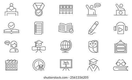 Education line icon set. Alphabet, Position, Clock, Geography, Notes, Highlighter, Reading, Badge, Writing Tool, Audiobook, meeting, conference, teamwork line icon set. UI thin line icon pack.