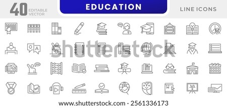 Education line icon set. Alphabet, Position, Clock, Geography, Notes, Highlighter, Reading, Badge, Writing Tool, Audiobook, meeting, conference, teamwork line icon set. UI thin line icon pack.