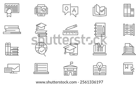 Education line icon set. Alphabet, Position, Clock, Geography, Notes, Highlighter, Reading, Badge, Writing Tool, Audiobook, meeting, conference, teamwork line icon set. UI thin line icon pack.