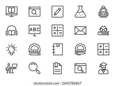 Symbolsatz für Bildungszeile. Enthält Symbole für Bildung, Schule, Lernen und mehr. Vektorgrafik. Bearbeitbarer Strich.