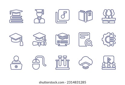 Education line icon set. Editable stroke. Vector illustration. Containing education, graduate, library, read, science, graduation hat, online course, research, connection, computer mouse, test tube.