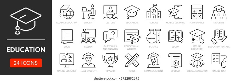 Symbolsatz für Bildungszeile. Bearbeitbarer Strich. E-Learning, Online-Bildung, Schule, Student, Wissenschaft, Vortrag, Online-Test - Stock-Vektor.
