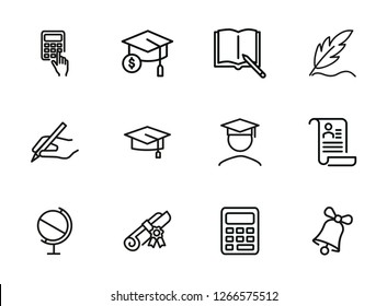 Education line icon set. Set of line icons on white background. Study concept. Bachelor, calculation, diploma. Vector illustration can be used for topics like university, college