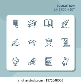 Education line icon set. Set of line icons on white background. Study concept. Bachelor, calculation, diploma. Vector illustration can be used for topics like university, college