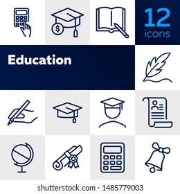 Education line icon set. Set of line icons on white background. Study concept. Bachelor, calculation, diploma. Vector illustration can be used for topics like university, college