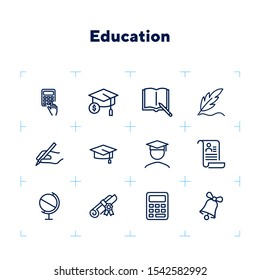 Education line icon set. Set of line icons on white background. Study concept. Bachelor, calculation, diploma. Vector illustration can be used for topics like university, college